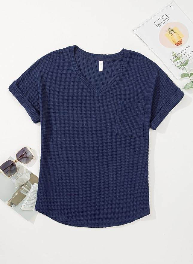 Dokotoo Womens Waffle Knit Tops 2026 Spring Summer V Neck Shirts Casual Trendy Women's Blouses Basic Tee - Image 5