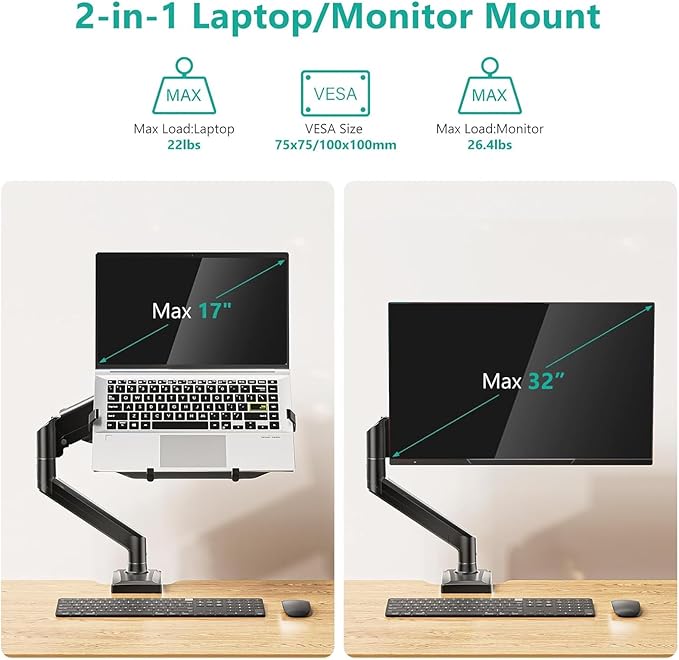 WALI Single Arm Laptop and Monitor Desk Mount for 17" Notebook and Up to 32" Screen, 2-in-1 Adjustable Gas Spring Monitor Arm with Laptop Tray, VESA 75x75 100x100,Holds 22-26.4 lbs, Black (GSMP001NLP) - Image 2