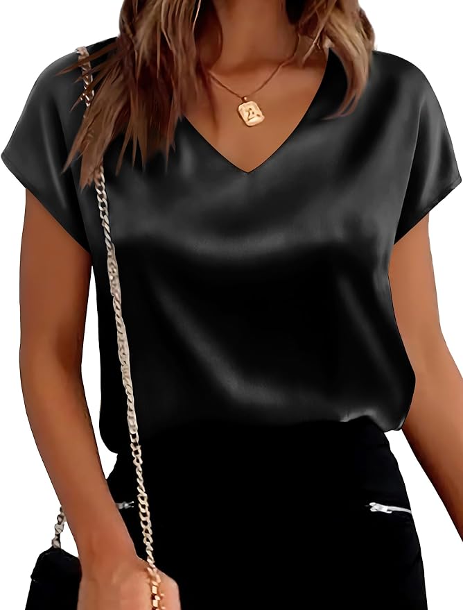 WIHOLL Womens Satin Summer Tops Cap Short Sleeve Blouses V Neck Shirts Business Casual Outfits Fashion Clothing 2026 - Image 4