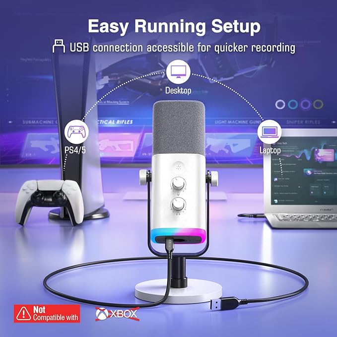 FIFINE AmpliGame AM8W XLR/USB Gaming Microphone for Streaming Podcasting | Dynamic PC Computer RGB Mic, with Gain Knob, Mute Button, Monitoring Jack, for Gamer Recording Video Creation, White - Image 3