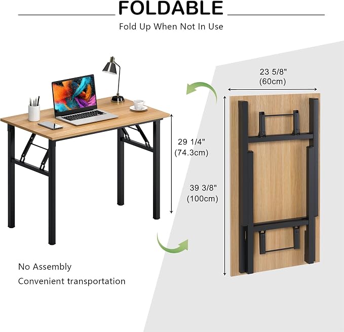 Need Office Computer Desk 39.3 Inch Sturdy Folding Laptop Table Teak | Black Frame Writing Gaming Work Table/Foldable Home Office Desk/Sewing Table, No Assembly Required - Image 3