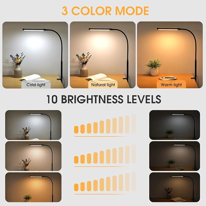 Voncerus LED Desk Lamp with Clamp, Clip on Lights for Home Office, Black | 3 Modes 10 Brightness, Long Flexible Goose-Neck, Eye-Caring, Memory Function, Energy Efficient, USB Adapter, Metal - Image 2