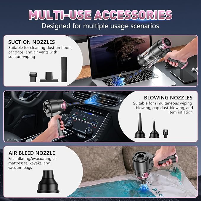 KMM Handheld Car Vacuum Cleaner, 16000PA Air Duster & Vacuum Cleaner, 120W High Power Hand Held Vacuum Cordless, Portable Vacuum Rechargeable with Multi-Nozzles & LED Light for Car, Home, Pet, Office - Image 5