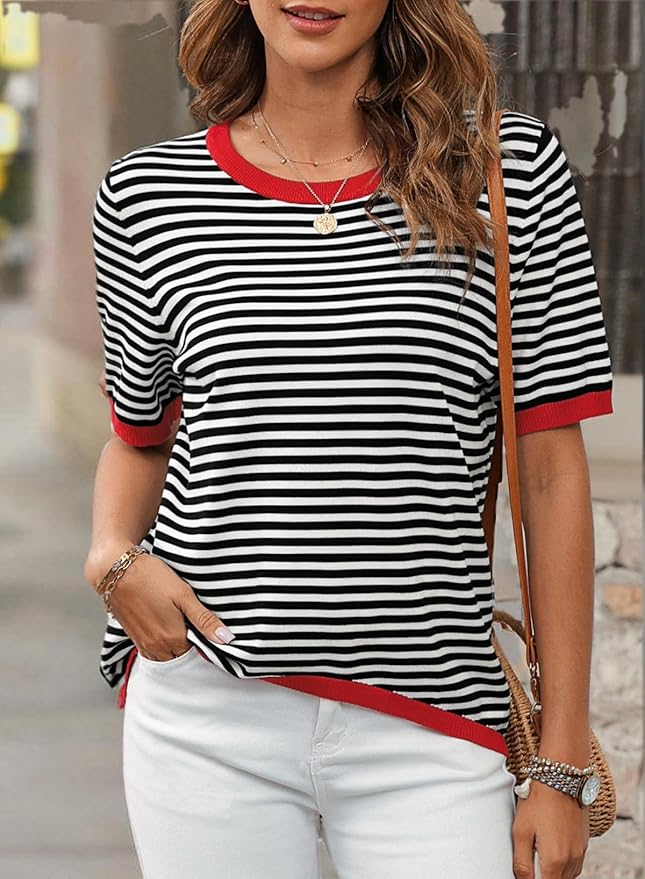 Dokotoo Womens Tops 2026 Casual Summer Crewneck Short Sleeve Striped Color Block Knit High Low Trendy Pullover Sweaters - Image 6