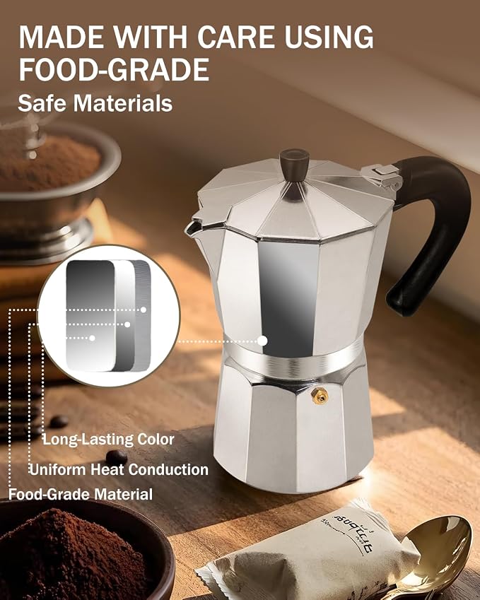 Coffee Maker Stovetop Espresso Maker 2 Cup Aluminum Moka Pot Percolator 3.3oz 100ml Easy Brewing for Electric Ceramic Stoves Home Camping Italian Cuban Café Classic Silver - Image 6