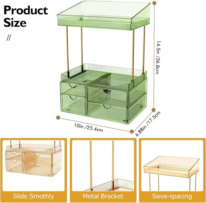 SNSLXH 4-Tier Clear Makeup Organizer Bathroom Storage Green | 4 Drawers Cosmetics Organiser, Ideal for Countertop, Bathroom, Office, Dresser, for Cosmetics, Skincare, Perfume, Lipstick - Image 2