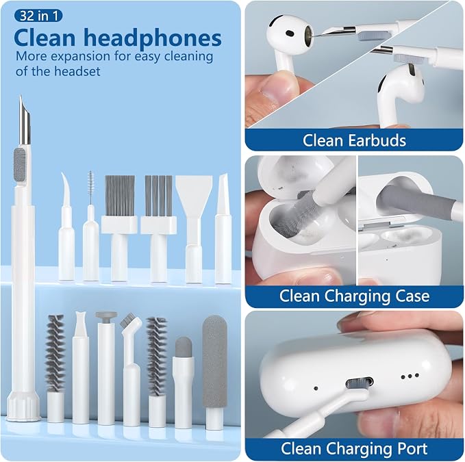 Inesore 32 in 1 Phone Cleaning Kit for iPhone AirPods MacBook Earbuds-White | 32 tools for iPhone, AirPods, iPad, MacBook, keyboards, earbuds and camera lens; charging port, speaker and screen cleaning - Image 3