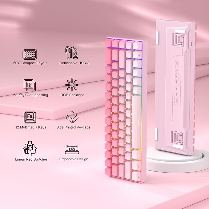 MageGee Portable 60% Mechanical Gaming Keyboard, RGB Backlit Compact 68 Keys Mini Wired Office Keyboard with Red Switches for Laptop PC Mac, Side Printed Keycap - Pink - Image 2