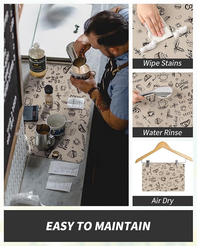 AMOAMI-Coffee Mat Hide Stain Rubber Backed Absorbent Dish Drying Mat for Kitchen Counter-Coffee Bar Accessories Fit Under Coffee Maker, Espresso Machine, Pot, Dish Rack (16X24,MILK TEA) - Image 2