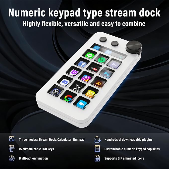 Streaming Deck,Macro pad/Calculator/Numeric Keypad Three Modes | 15 Customizable Macro Keys and LCD Bar,Large Dial,Work Efficiency Device,Compatible with Windows and Mac(N1 White) - Image 2