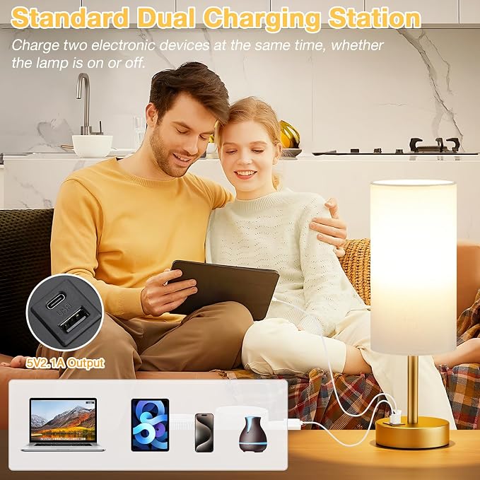 Dicoool Bedside Table Lamp for Bedroom - 3-Way Dimmable Touch Lamp, USB A+C | LED Bulb Included, 14" Small Nightstand Lamp for Desk, Living Room, Guest Room, White Fabric Lampshade, Gold Metal Base - Image 4
