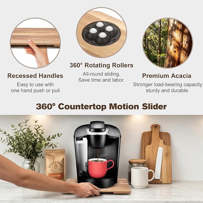360°Rolling Tray Acacia Wood Kitchen Appliance Slider for Coffee Maker Pot | Countertops Sliding Tray Mat for Kitchen Appliances Easily Move Under The Cabinet Acacia 11.6"×13.9" - Image 4