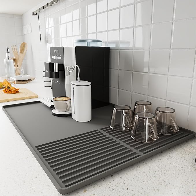 WUDIALIEN Silicone Coffee Mat with Raised Edges, 24'' x 16'' Bar Mat for Countertops, Fits Under Coffee Maker, Espresso Machine, Dish Drying Mat, Gray by WUDIALIEN