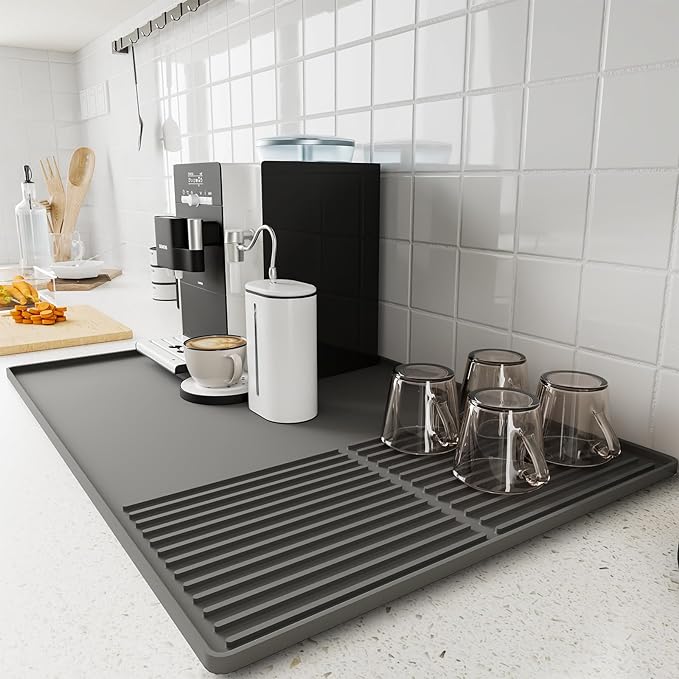 Silicone Coffee Mat with Raised Edges, 20'' X 12'', Bar Mat for Countertops, Fits Under Coffee Maker, Espresso Machine, Dish Drying Mat (GRAY) by WUDIALIEN