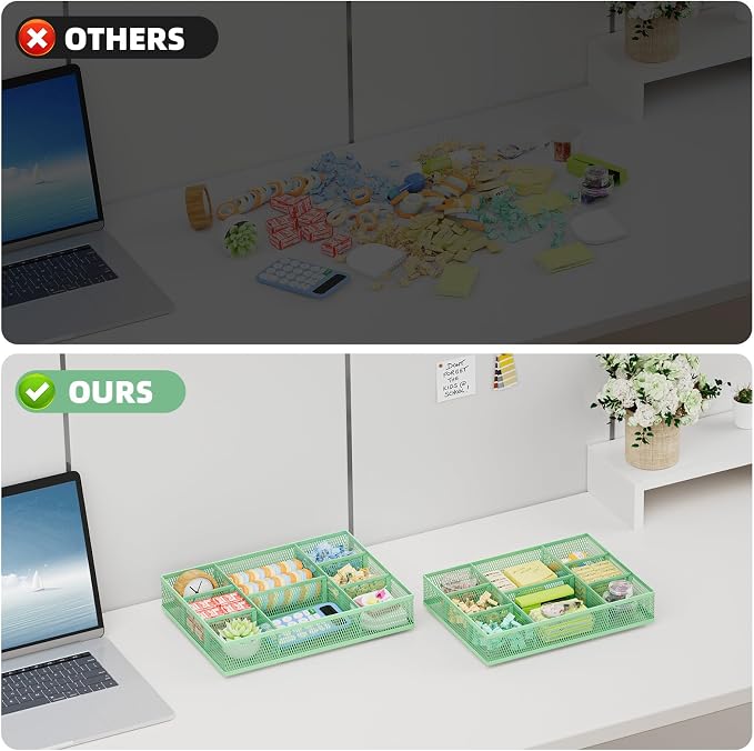 Marbrasse 2 Pack Desk Drawer Organizer, Mesh Drawer Organizer Tray with 8 Adjustable Compartments, Desk Organizers and Accessories, 5 Dividers Drawer for Office Supplies, Makeup & Vanity (Green) - Image 7