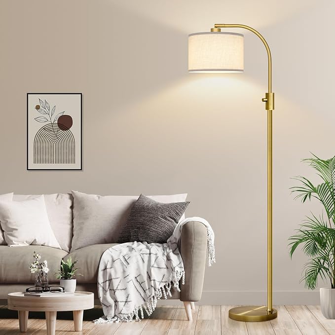 Nintiue Upgraded Modern Arc Dimmable Tall Standing Floor Lamp with Linen Shade, 1200 Lumens LED Bulb Included, for Living & Reading Room, Bedroom, Office & Nursery, Brass - Image 6