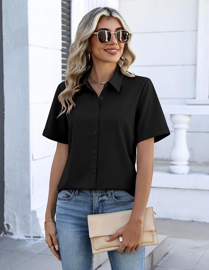 Zeagoo Button Down Shirts for Women Short Sleeve Collared Tops Dressy Casual V Neck Blouses - Image 2