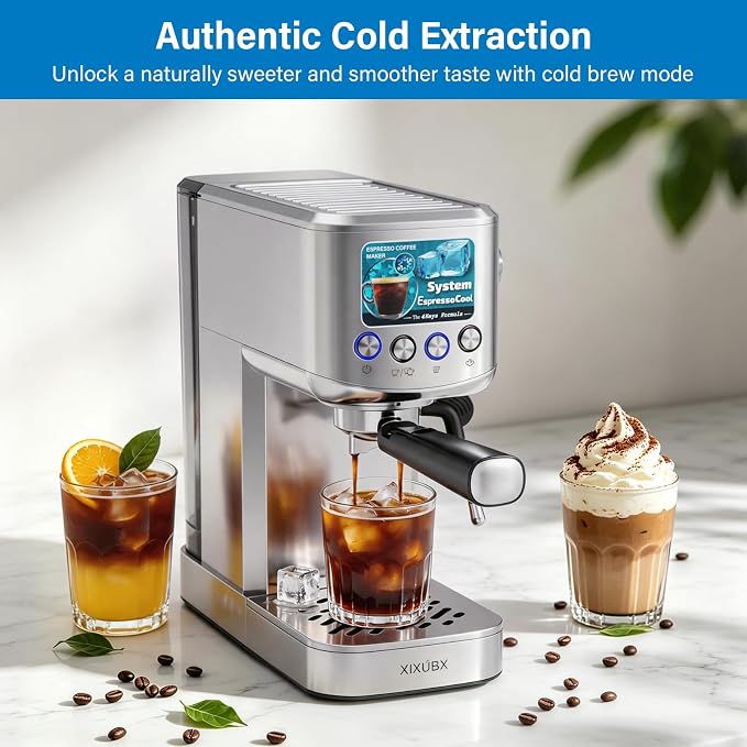 XIXUBX Cold Brew Espresso Maker with Milk Frother for Cappuccino & Latte | 20-Bar Pump, Built-in Pressure Gauge, Powerful Steam Wand, Milk Frothing Pitcher, 42 oz Removable Water Tank, Stainless Steel - Image 2