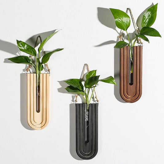 Dnnnii Indoor Wood Wall Planter Set of 3 for Plants - Boho Handmade Hanging Propagation Station with Curved Rainbow Design, Wall Mounted Vase for Flowers, Natural Home Decor Living Room Entryway by Dnnnii