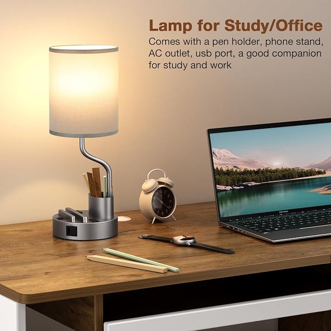 Fenmzee Bedside Lamps for Bedroom Set of 2 - Table Desk Lamp for Nightstand | 15" Table Lamp for Living Room with Pen Holder & Phone Stand, USB A+C Port, AC Outlet, 3 Color Temperature, LED Bulb Included - Image 4