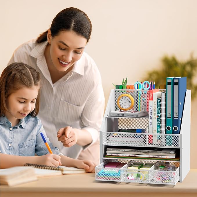 Homsorout Wooden Desk Organizer - Mesh File Organizer with Drawers and Pen Holder - 4-Tier Vertical Paper Letter Storage Tray, Desktop Organizers and Accessories for Home Office （White - Image 6
