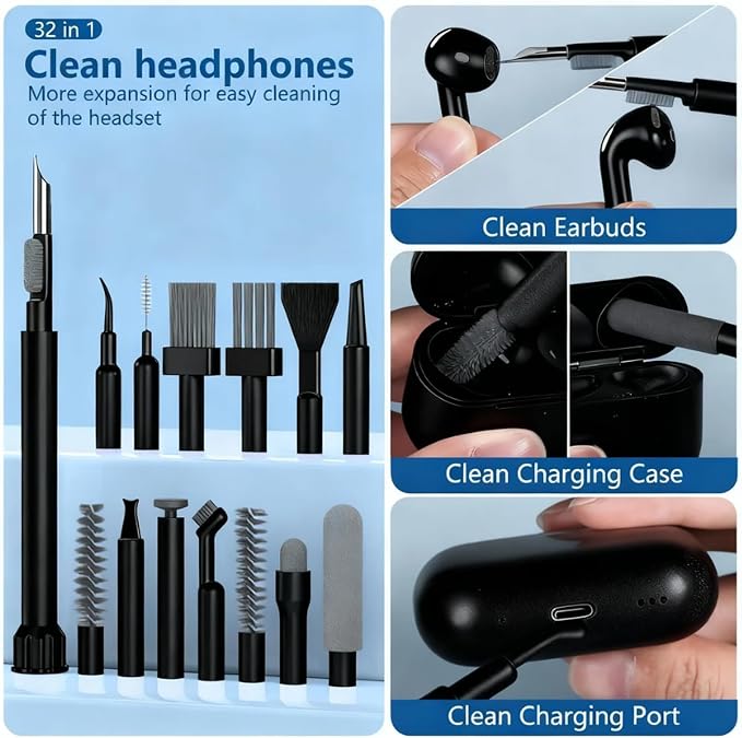 Inesore 32 in 1 Phone Cleaning Kit for iPhone AirPods MacBook Earbuds-Black | 32 tools for iPhone, AirPods, iPad, MacBook, keyboards, earbuds and camera lens; charging port, speaker and screen cleaning - Image 3