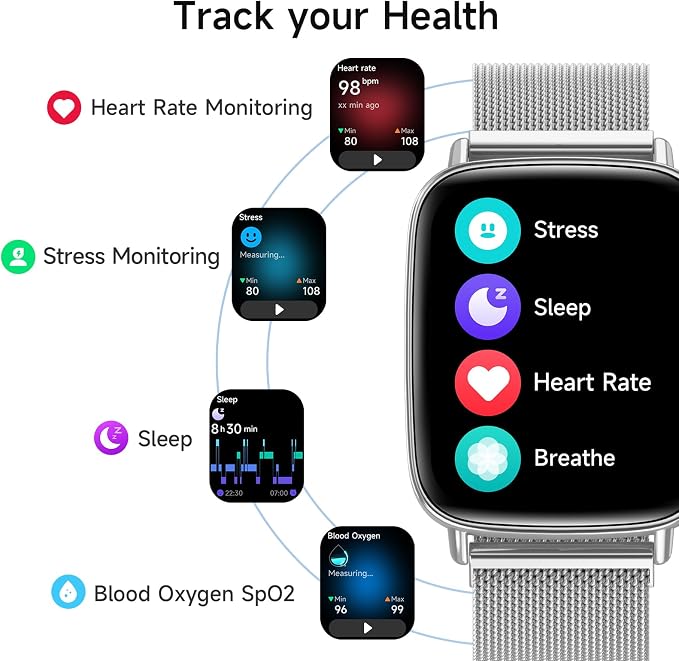 Smart Watch for Men Women, 1.85" HD Smartwatch Compatible iPhone/Samsung/Android (Answer/Make Calls), 100+ Sport Modes Fitness Tracker with Heart Rate/Sleep/SpO2 Monitor, IP68 Waterproof, Metal Band - Image 3