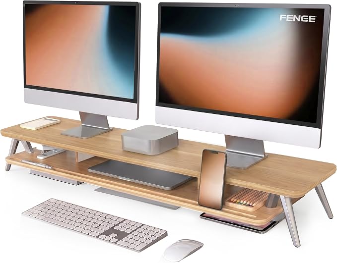 Fenge Dual Monitor Stand, Monitor Stands Riser for 2 monitors, 42.5 Inch Wood Desk Shelf with Storage Organizer and Cable Management for Office Desk Accessories by Fenge