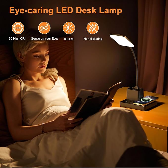 Wireless Charging Desk Lamp USB Charging & Pen Holder, Matte Black | CRI 95, 800LM, Stepless Dimming, 3 Modes, 360°Flexible Arm, Touch, Study Table Lamp for Home Office, Dorm Room, with Adapter - Image 2