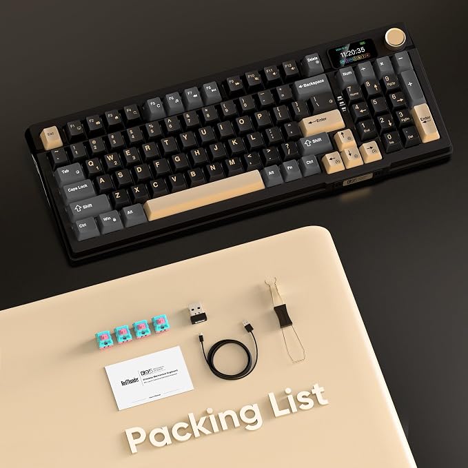 RedThunder K95 Wireless Mechanical Keyboard, TFT Screen & Knob, Tri-Mode BT5.0/2.4GHz/USB-C Hot Swappable Custom, Pre-lubed Linear Pink Switches, Gasket Structure, RGB Gaming Keyboard, Black-Gold - Image 9