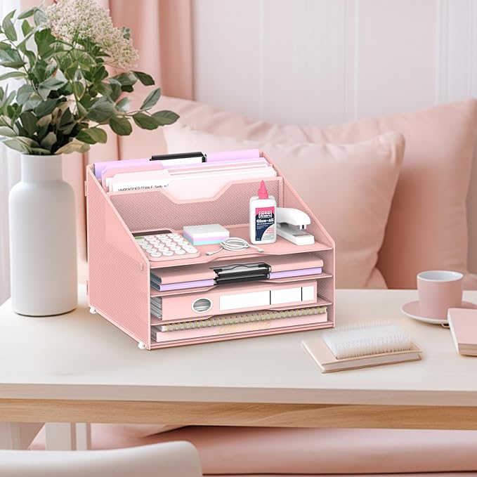 Desk File Organizer, 4 Letter Trays and 2 Upright Sections, Pink | Paper Organizer for Desk with Tiered Letter Trays and Vertical File Holders for Home Office, School and Workspace Use - Image 8
