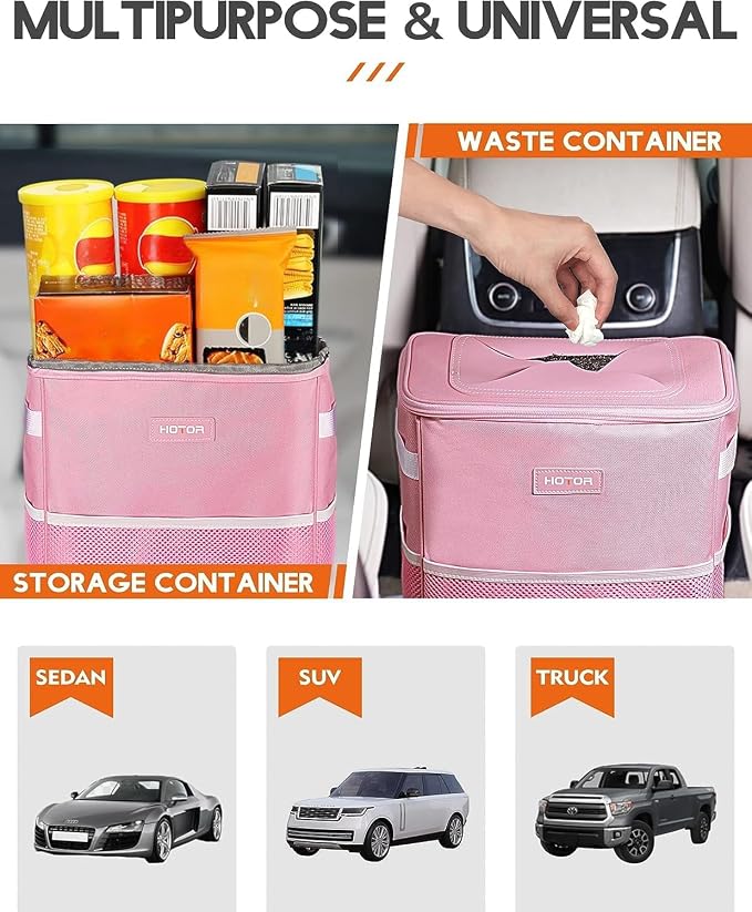 HOTOR Car Trash Can with Lid and Storage Pockets - 100% Leak-Proof Organizer, Waterproof Garbage Can, Multipurpose Trash Bin for Car, 2 Gallons, Pink - Image 5