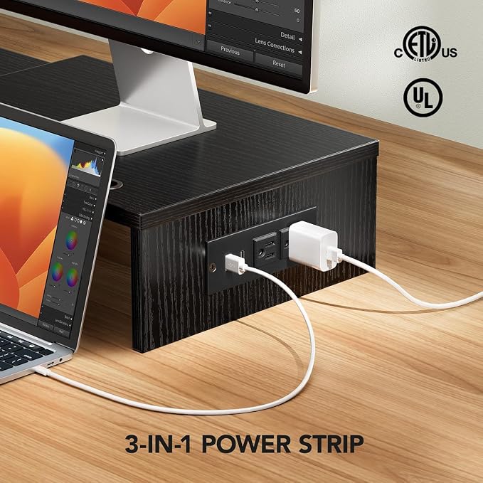 HUANUO Dual Monitor Stand -Monitor Stand with USB ports ,Adjustable Length and Angle, Dual monitor riser w/ Desktop Socket, Monitor Stand Riser for PC, Computer, Laptop (Black) - Image 3