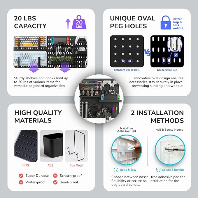 Keepo Peg Board Wall Organizer for Gaming Setup, Pegboard with Adhesives & Screw Mounts, Includes Peg Board Accessories for Gaming Accessories, Tech Storage & Office Organization (Black, 22″×22″) - Image 6