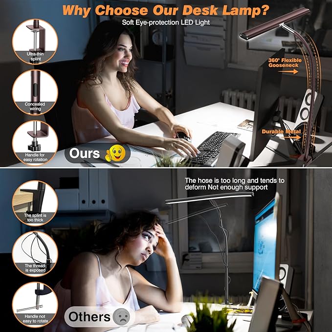Airlonv LED Desk Lamp for Office Home, Eye-Caring Desk Light with Stepless Dimming Adjustable Flexible Gooseneck, 10W USB Adapter Desk Lamp with Clamp for Reading, Study, Workbench (Brown) - Image 4