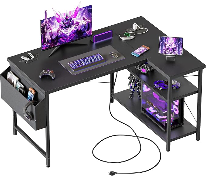 Mericonia 39 inch Corner Desk with Shelves, Small L Shaped Gaming Desk | Reversible Computer Desk with Power Outlets & Storage Bag, Office Table for Home Bedroom Study Work Writing by MERICONIA