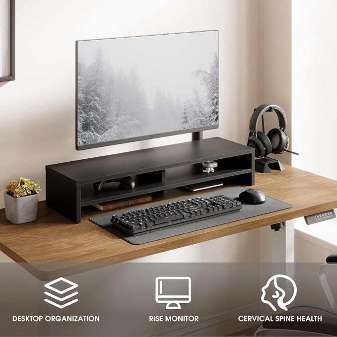 Fenge 31.5 Inch Dual Monitor Stand Riser for Desk, Black | Wooden Desk Shelf, 2-Tier Open Storage Compartment, for PC Laptop Screen Printer, Home Office Desktop Organizer - Image 2