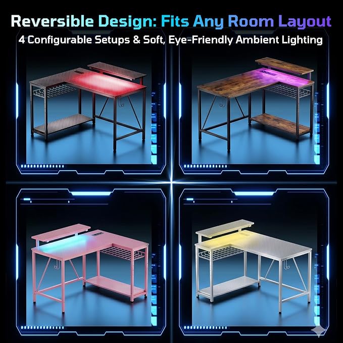 Bestier 42-Inch L-Shaped Computer Desk with Charging & LED, Black | Charging 2AC+USB+Type-C, RGB LED Strip, Reversible Shelves, Monitor Stand, Headphone Hook, Cable Mgmt, Small Space - Image 5