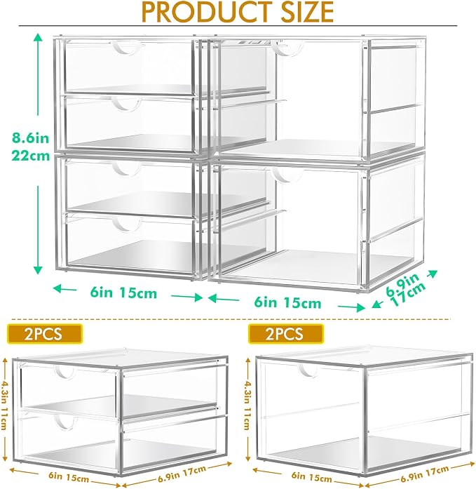 caktraie 4-Pack Acrylic 6-Drawer Office & Makeup Storage Organizer,Desk | Smooth-glide drawers, clear body, dustproof, wipe clean, for stationery, lipsticks, blush palettes, hair clips, sticky notes - Image 3