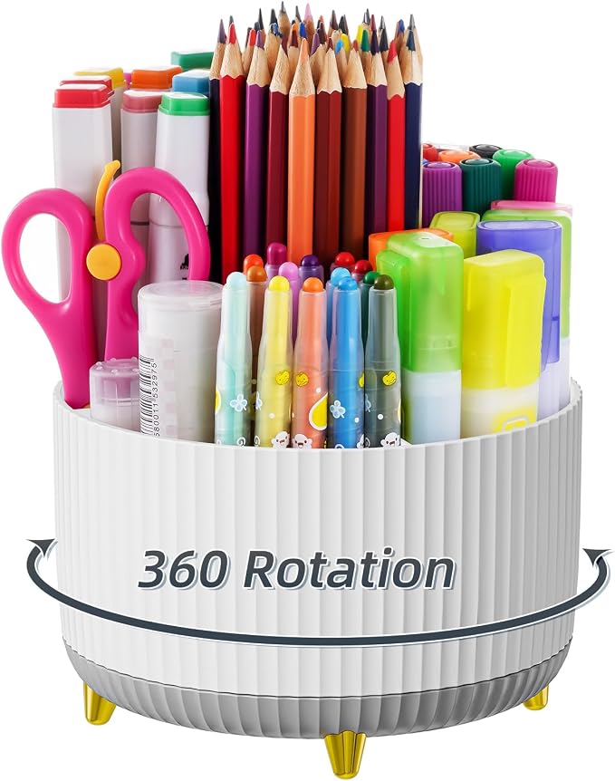 Marbrasse Desk Organizer, 360-Degree Rotating Pen Holder, Desk Organizers and Accessories with 5 Compartments Pencil Holder, Art Supply Storage Box Caddy for Office, Home (White+Grey) by Marbrasse