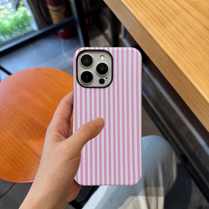 for iPhone 15 Pro Max Case Striped Cute Aesthetics Phone Case Trendy Protective Shockproof Cover for iPhone 15 Pro Max Pink White - Image 2