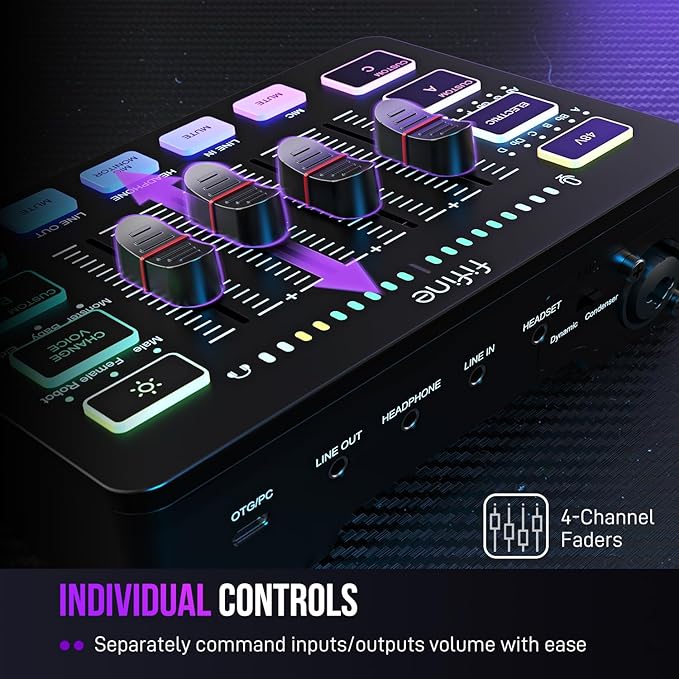 FIFINE Gaming Audio Mixer, Streaming RGB PC Mixer with XLR Microphone Interface, Individual Control, Volume Fader, Mute Button, 48V Phantom Power, for Podcast/Recording/Vocal/Game Voice-AmpliGame SC3 | USB PnP For PC,Mute Button,XLR Preamp,RGB,Voice ch... - Image 3