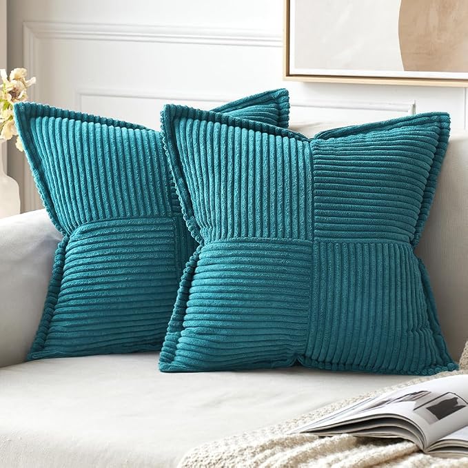 MIULEE Decorative Throw Pillow Covers for Couch Bed Livingroom 16x16 Inch Set of 2 Teal Blue Boho Accent Throw Pllows Broadside Striped Patchwork Soft Corduroy Summer Coastal Pillowcases by MIULEE