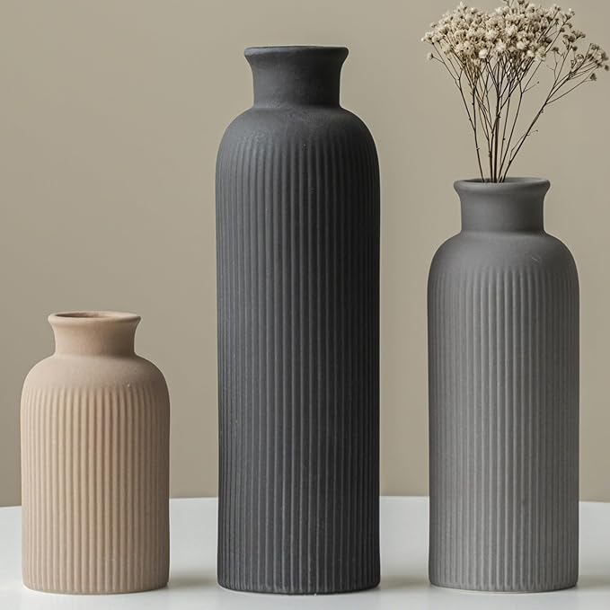 Modern Ceramic Vase Set, Black Ribbed Matte Design, 3-Piece Decorative Vases for Home, Living Room, Office (Black Mix) by Vaurcesavase