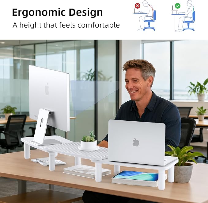 Dual Monitor Stand For Desk,Adjustable Height Long Wood Computer Riser | For Computer,Notebooks,Laptop,Printer,TV,Decoration for Office & Home ,White - Image 6