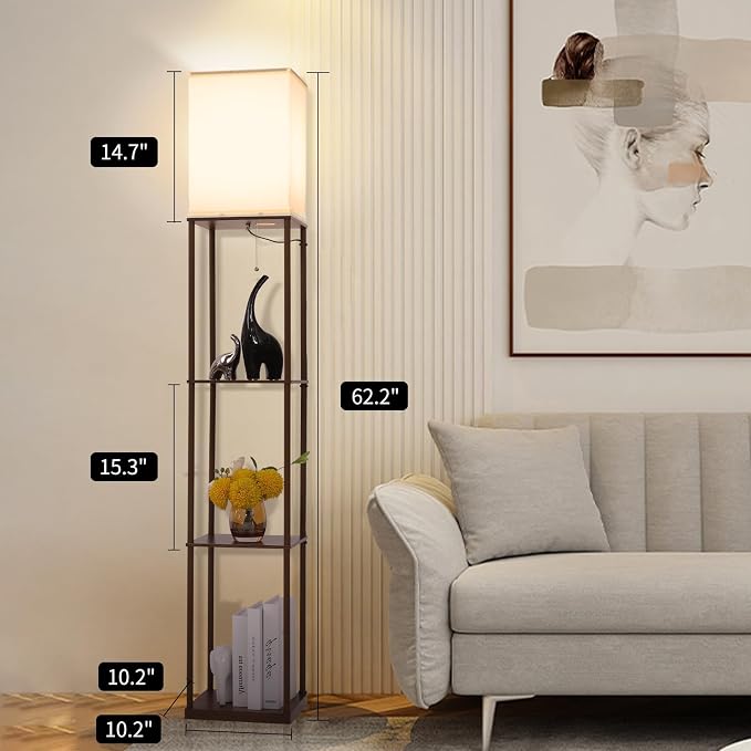 Gupuzm Floor Lamp with Shelves, Modern Square Standing Lamp with 3 Color Temperature Bulb, Corner Display Bookshelf Lamp for Living Room, Bedroom and Office (Brown-9) - Image 4