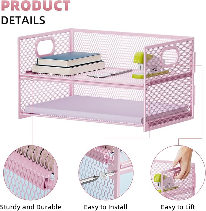 Marbrasse 2 Tier Paper Organizer Letter Tray, Mesh File Organizer with Handle, Paper Sorter Desk Organizer for Home Office Supplies - Pink - Image 2