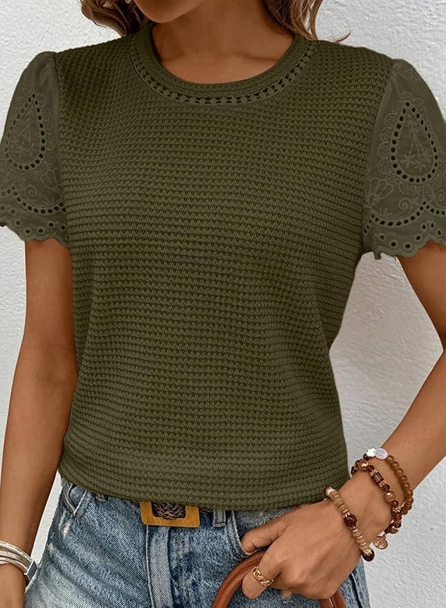 SHEWIN Womens Frenchy Summer Tops Crewneck Short Sleeve T Shirts Casual Waffle Knit Jacquard Blouses Top Shirts - Image 4