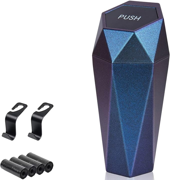 BFXM Car Trash Can, Car Trash Bin with Lid, Car Accessories for Women Interior, Car Garbage Can with Additional 2 ABS Hooks and 60pcs Trash Bags, Suitable for Home, Office, Car Organizer, Blue Purple by BFXM