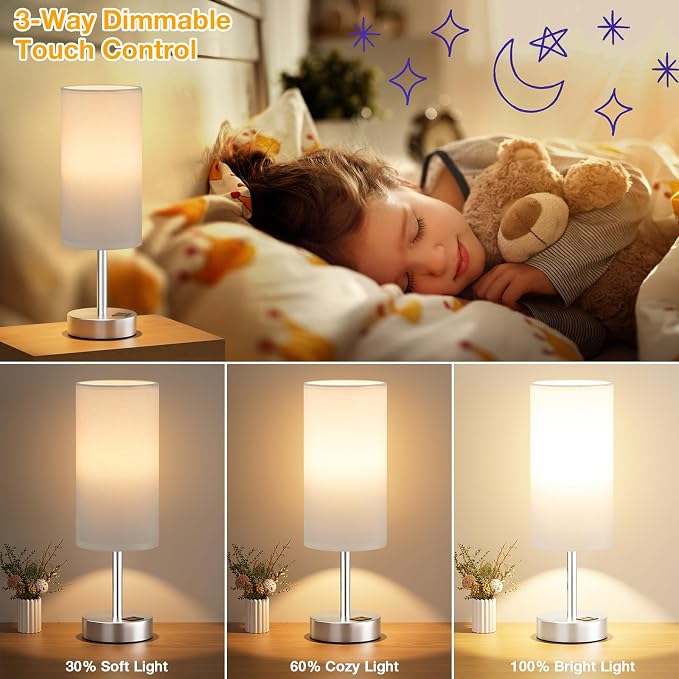 Dicoool Bedside Table Lamp for Bedroom - 3-Way Dimmable Touch Lamp, USB A+C | LED Bulb Included, 14" Small Nightstand Lamp for Desk, Living Room, Guest Room, White Fabric Lampshade, Silver Metal Base - Image 4